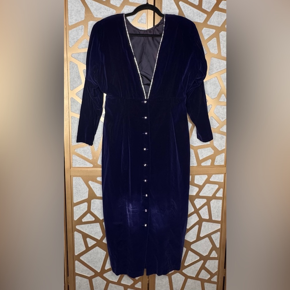 Vintage Navy Blue Velvet Midi Dress Shoulder Pads Back Slit USA Made - Picture 3 of 9